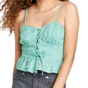 Wild Fable Strappy Lace Up Eyelet Embroidered Peplum Tank Top in Aqua